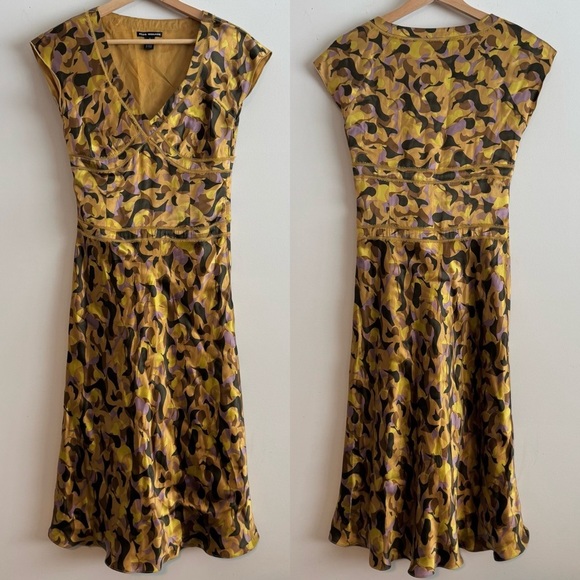 Club Monaco Gold Print Silk Blend Midi Dress size 2 - Picture 1 of 12